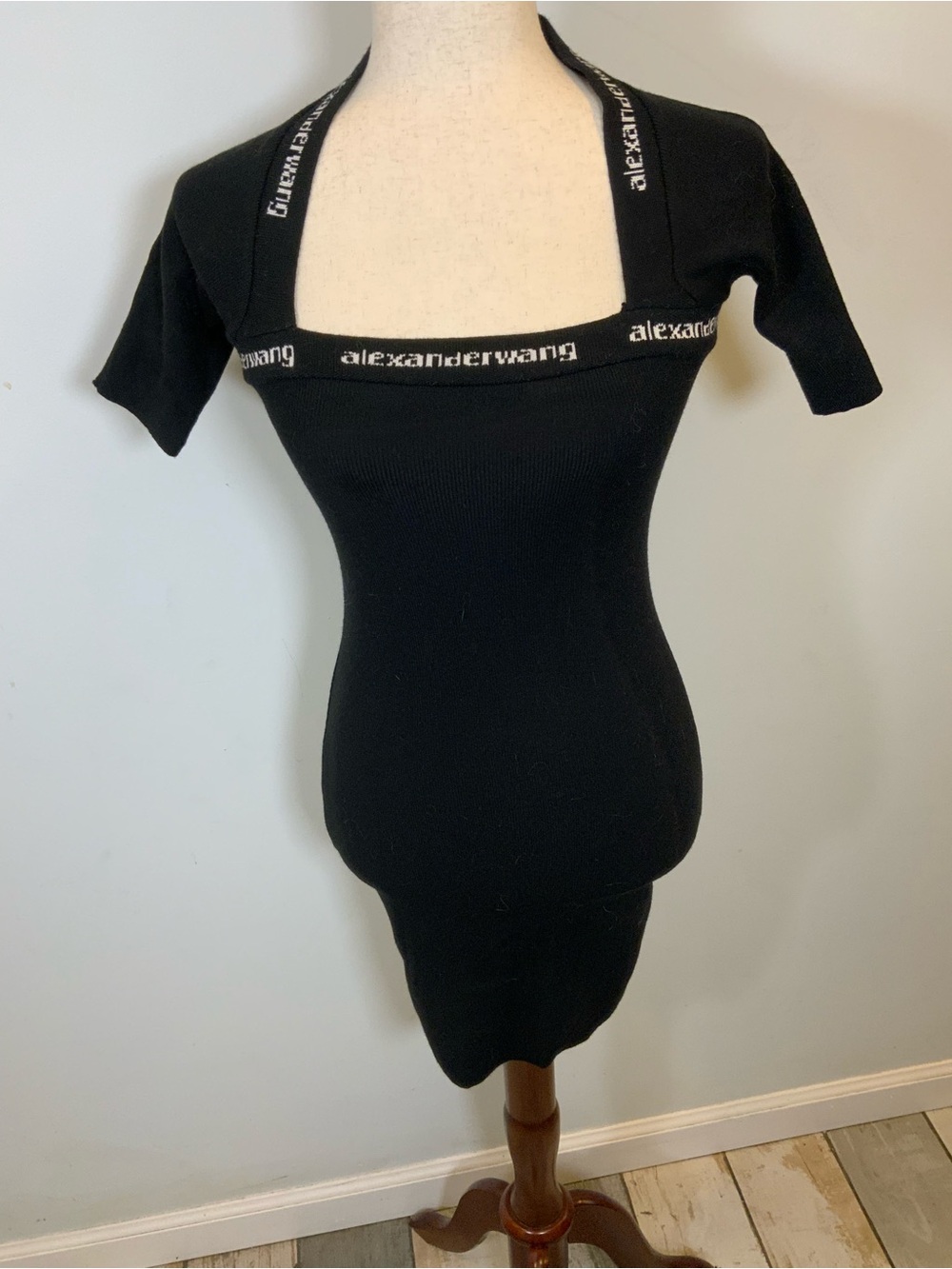 Alexander Wang Black Square-Neck Ribbed Short Sleeve Top size S